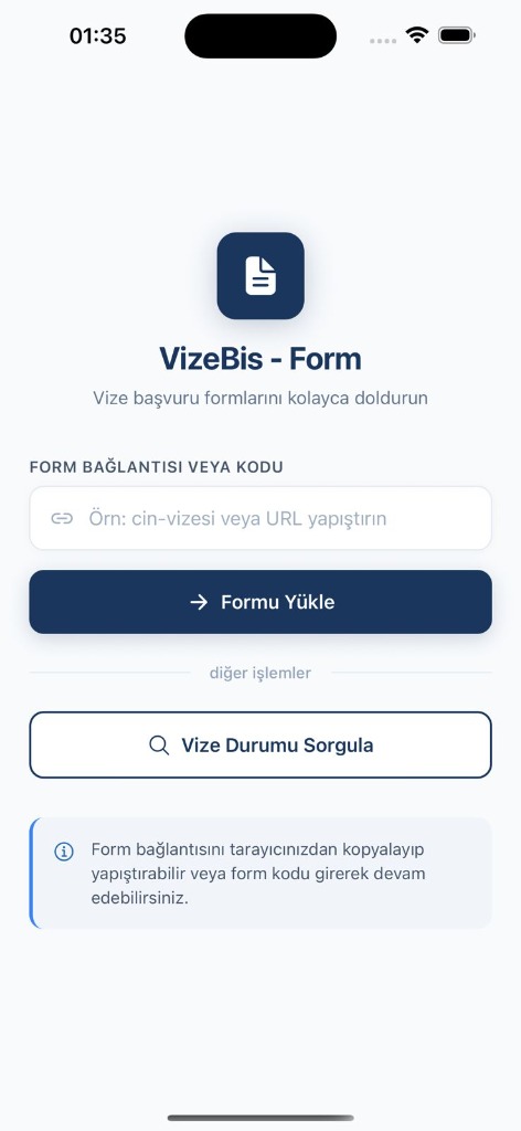 VizeBis Form ana ekranı: form bağlantısı veya kodu ile formu yükleme